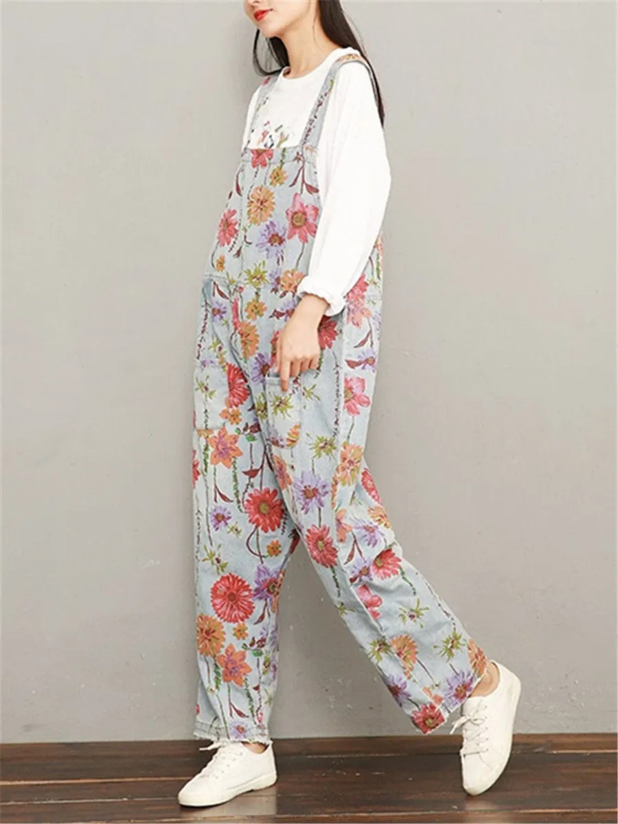 Fashion Casual Printed Loose Denim Jumpsuits