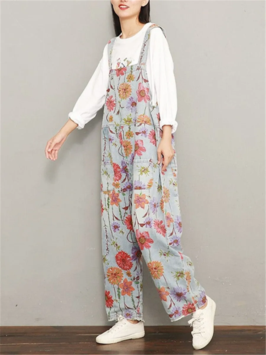 Fashion Casual Printed Loose Denim Jumpsuits