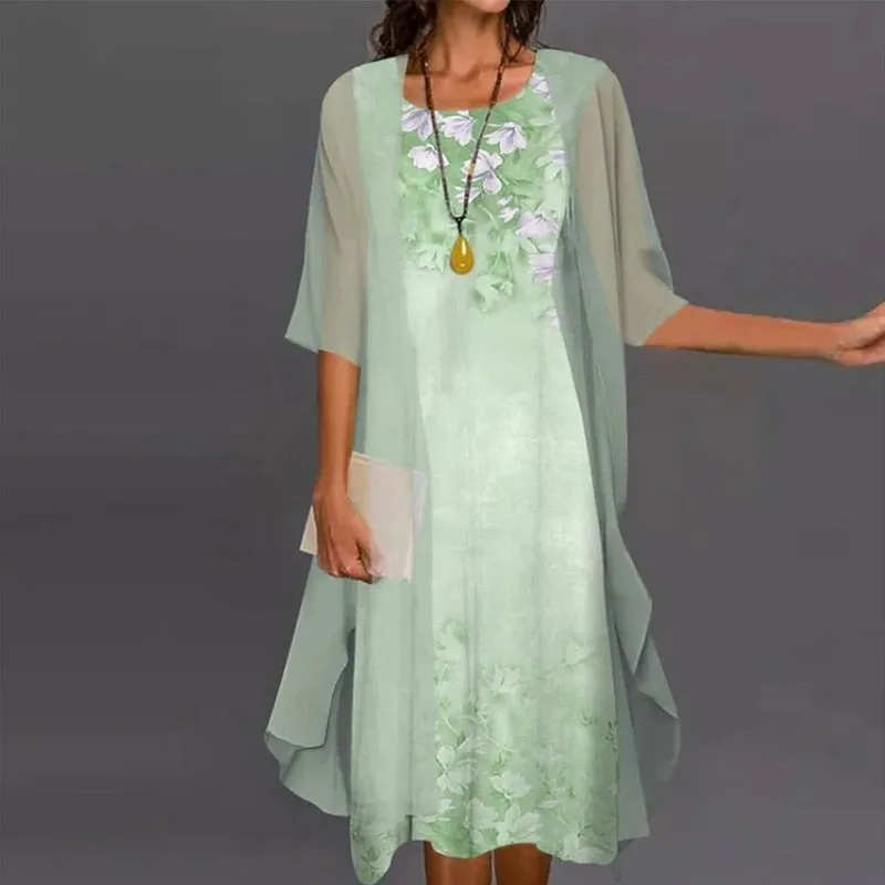 Fashion Elegant Long Sleeve Modern Loose Printed Chiffon Dress