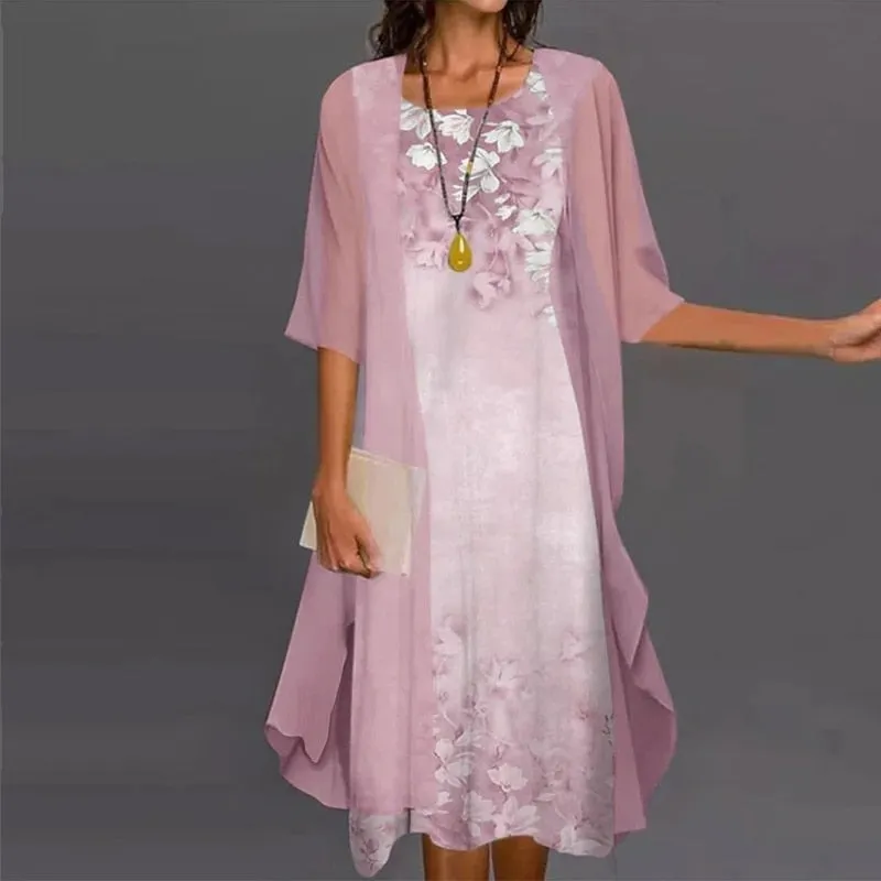 Fashion Elegant Long Sleeve Modern Loose Printed Chiffon Dress