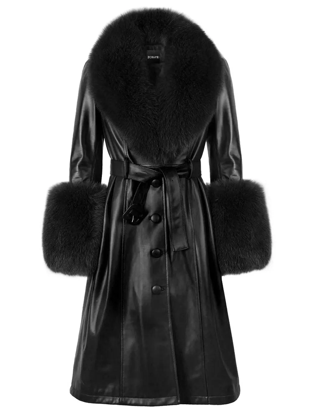 Faux Fur Genuine Leather Coat in Black