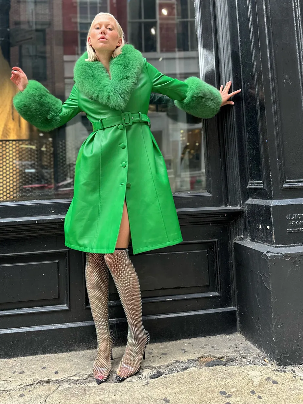 Foxy Leather Coat w/ Fox Fur In Emerald Green