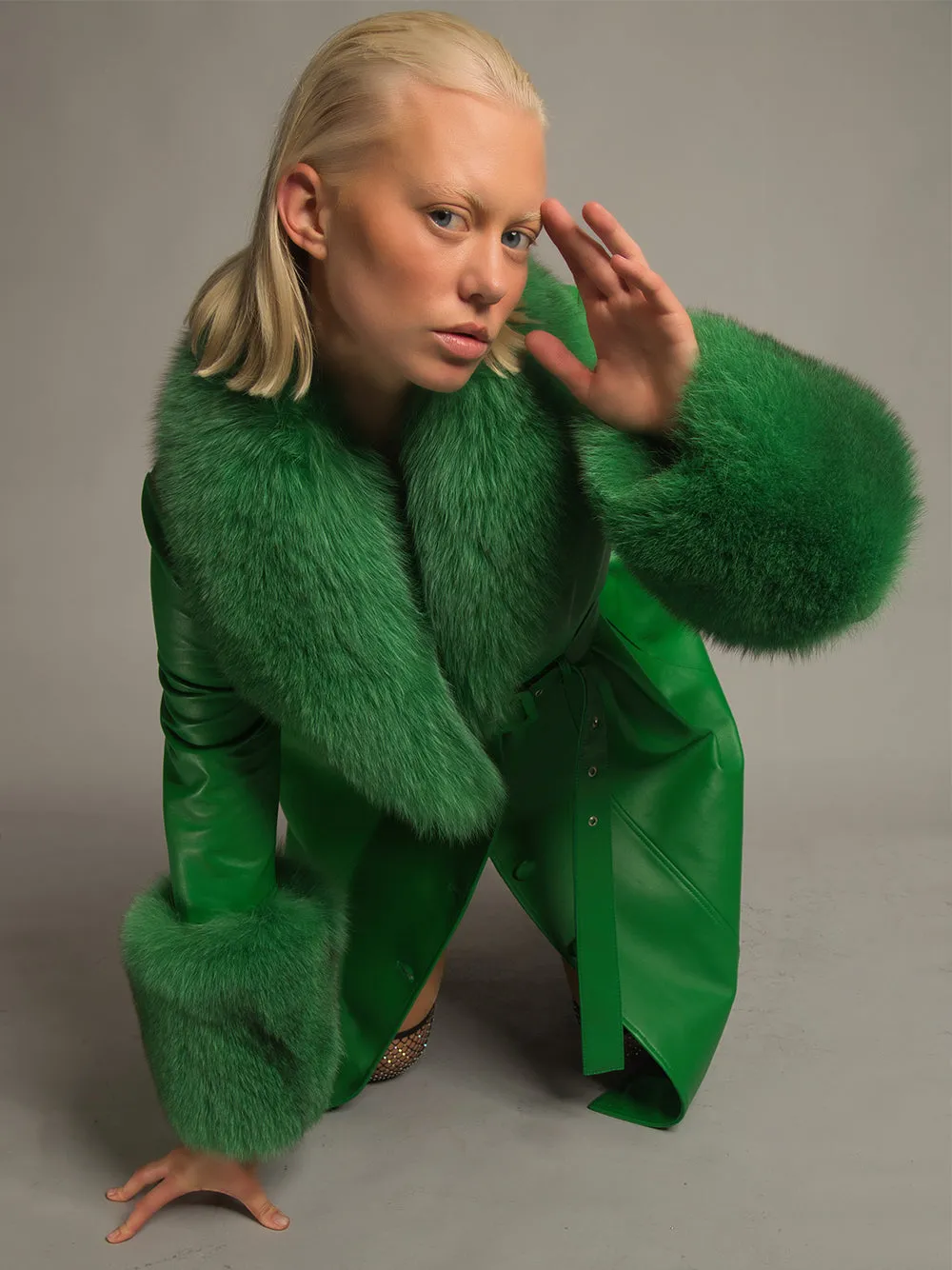 Foxy Leather Coat w/ Fox Fur In Emerald Green