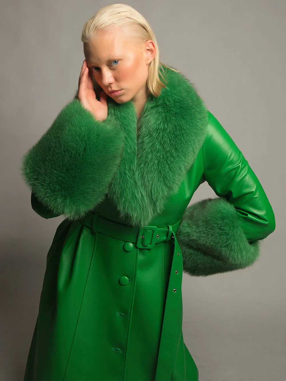 Foxy Leather Coat w/ Fox Fur In Emerald Green