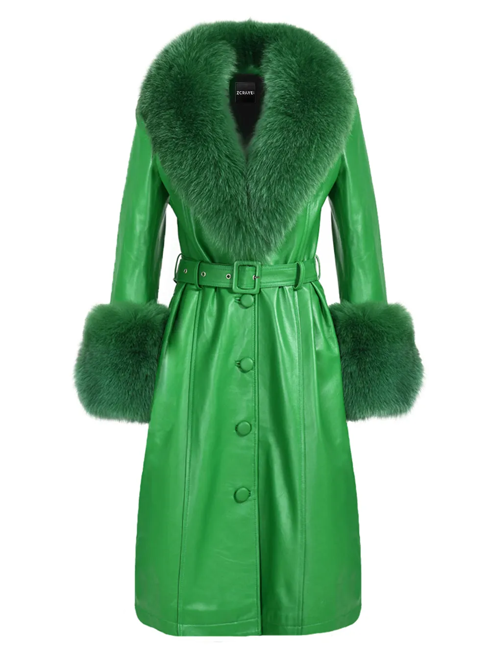 Foxy Leather Coat w/ Fox Fur In Emerald Green