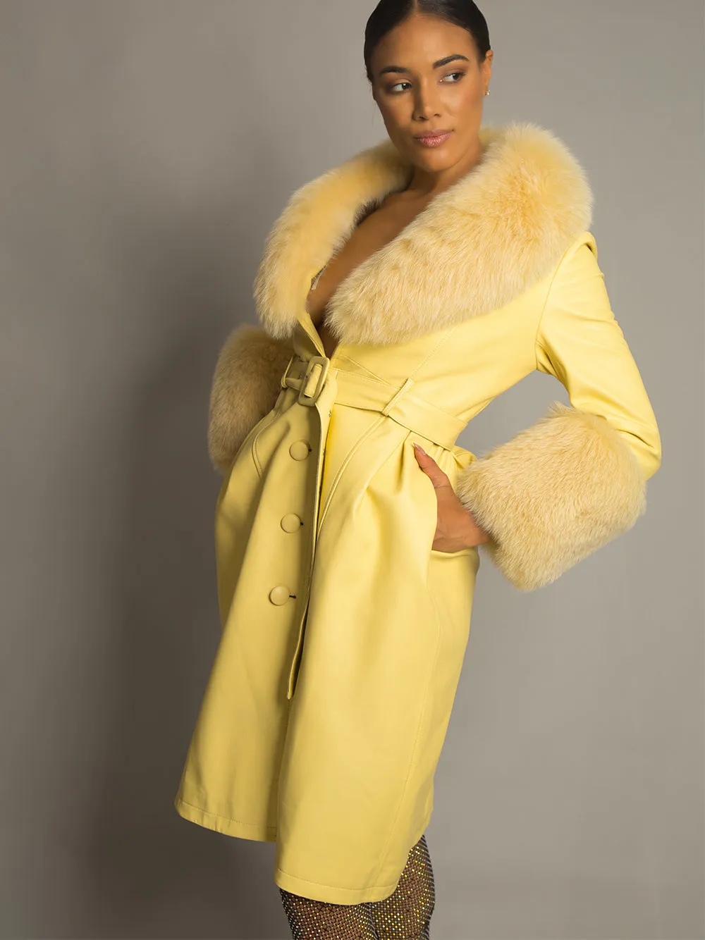 Foxy Leather Coat w/ Fox Fur In Yellow