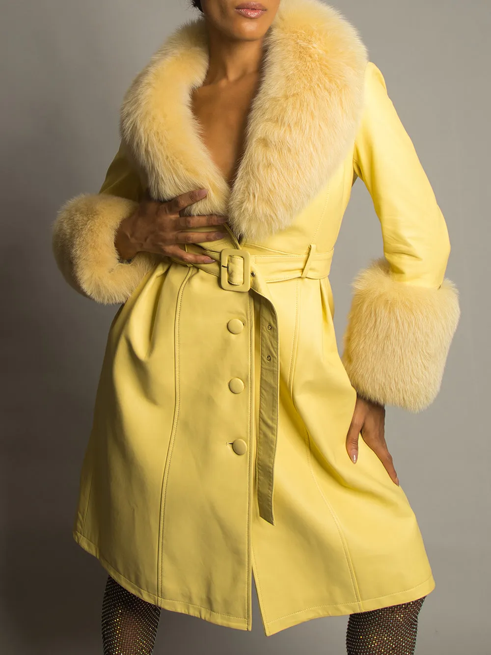 Foxy Leather Coat w/ Fox Fur In Yellow