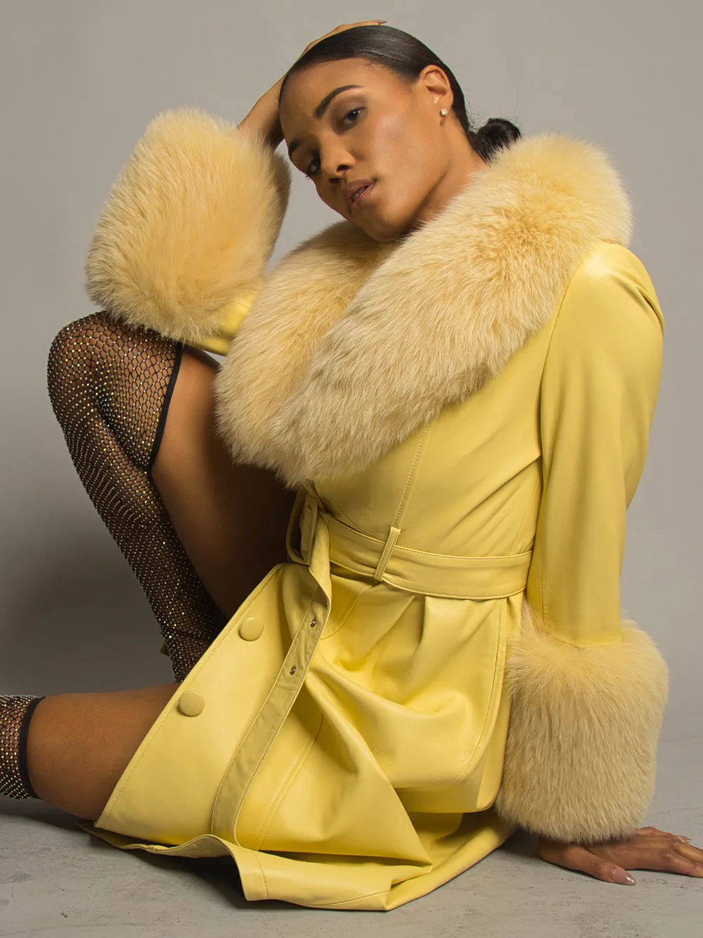 Foxy Leather Coat w/ Fox Fur In Yellow