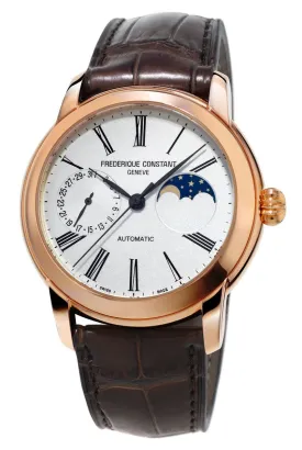 Frederique Constant Classic Moonphase Manufacture Rose Gold Tone Steel Automatic Silver Dial Brown Leather Strap Mens Watch FC-712MS4H4