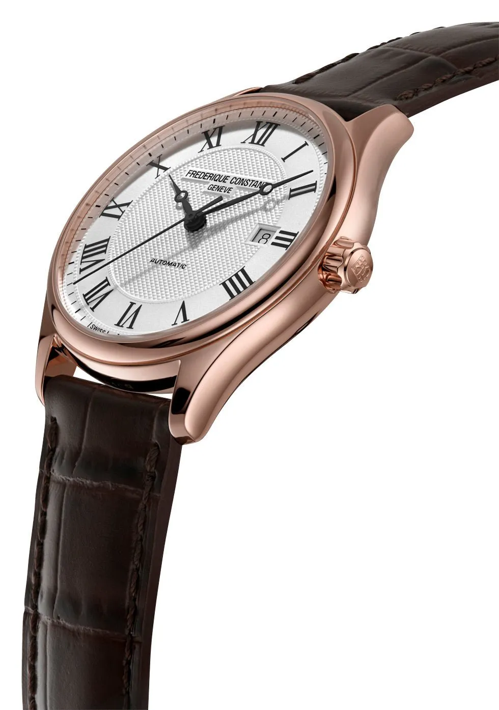 Frederique Constant Classics Automatic Rose Gold PVD Silver Dial Brown Leather Strap Date Mens Watch FC-303MC5B4