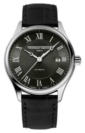 Frederique Constant Classics Automatic Stainless Steel Khaki Green Dial Black Leather Strap Date Mens Watch FC-303MCK5B6