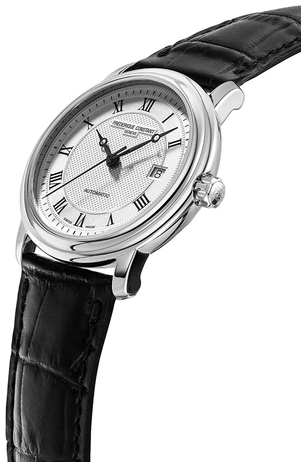 Frederique Constant Classics Automatic Stainless Steel Silver-Tone Dial Black Leather Strap Date Mens Watch FC-303MC4P6