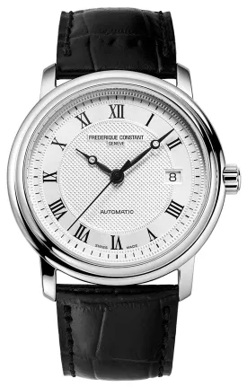 Frederique Constant Classics Automatic Stainless Steel Silver-Tone Dial Black Leather Strap Date Mens Watch FC-303MC4P6