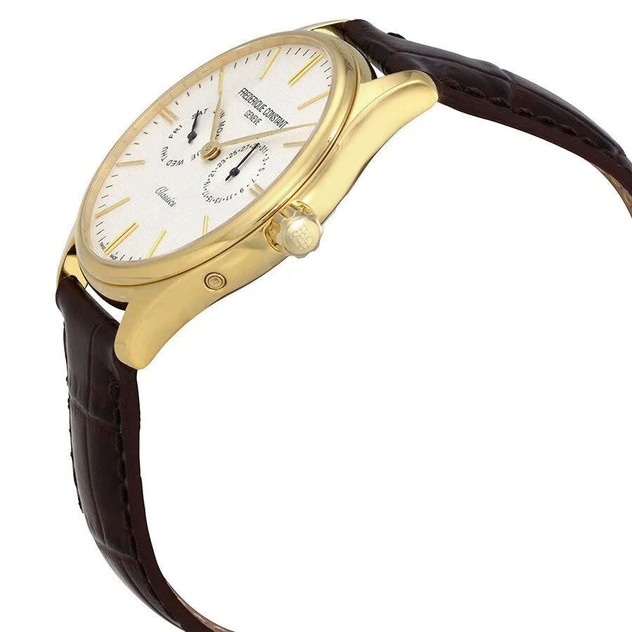 Frederique Constant Classics Gold Plated Steel Silver Dial Brown Leather Strap Day/Date Quartz Mens Watch FC-259ST5B5