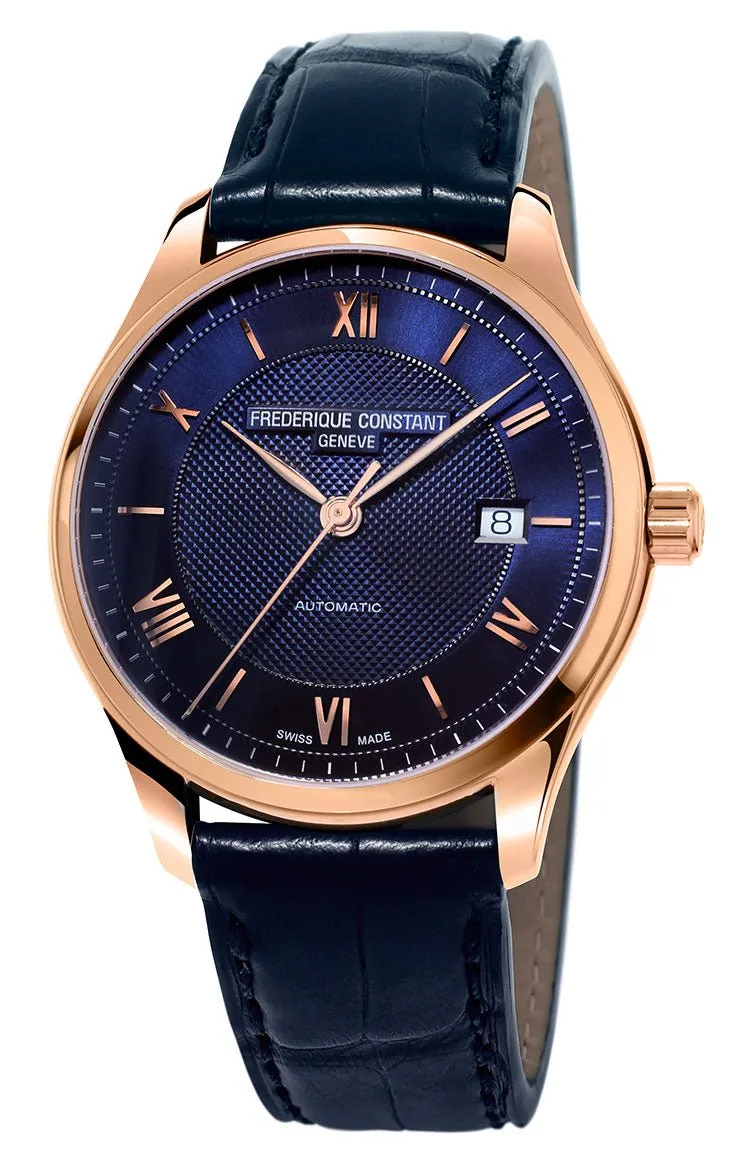 Frederique Constant Classics Index Automatic Rose Gold Tone Steel Blue Dial Date Blue Leather Strap Mens Watch FC-303MN5B4