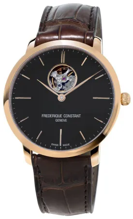 Frederique Constant Slimline Heart Beat Automatic Black Dial Brown Leather Rose Gold Plated Mens Watch FC-312G4S4