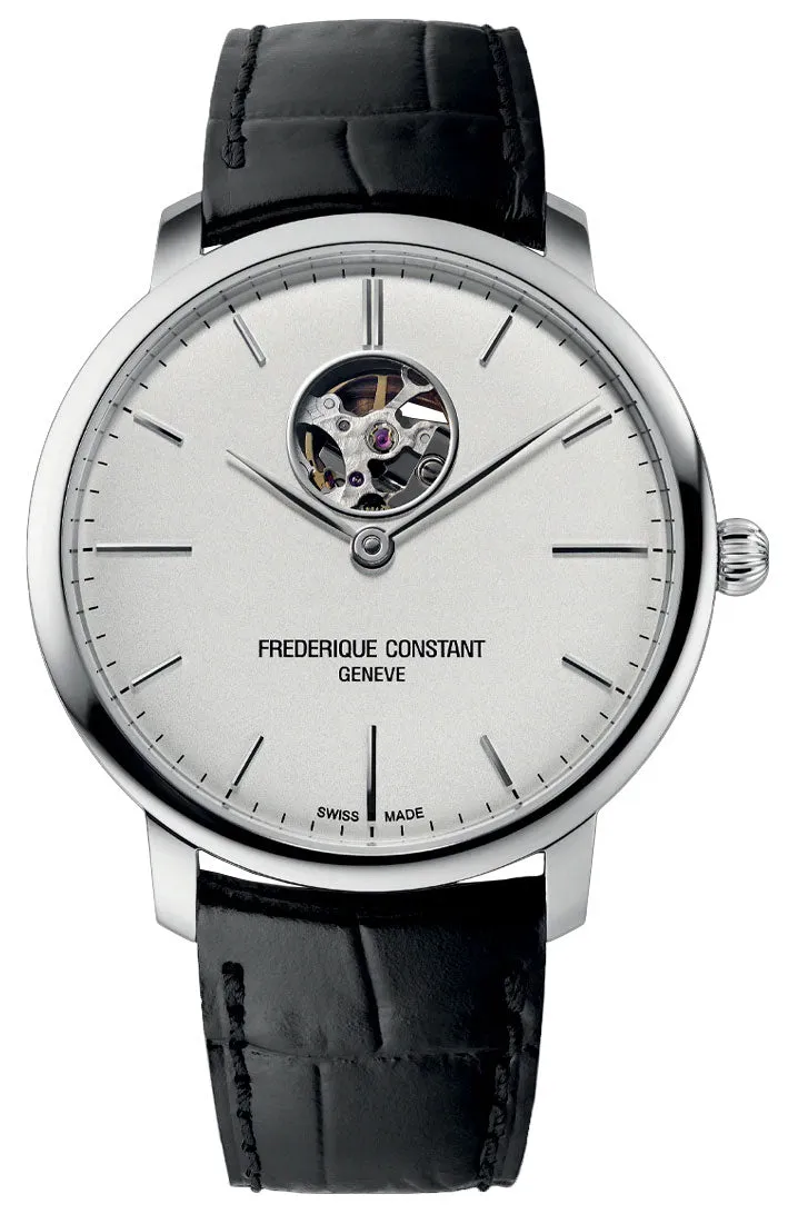 Frederique Constant Slimline Heart Beat Automatic Stainless Steel Silver Dial Black Leather Strap Mens Watch FC-312S4S6