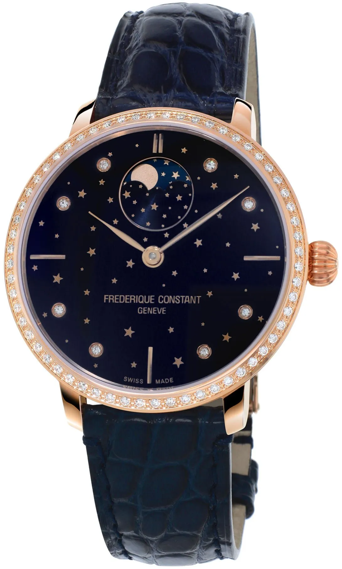 Frederique Constant Slimline Moonphase Stars Manufacture Automatic Rose Gold-Plated Blue Leather Strap Blue Dial Diamonds Womens Watch FC-701NSD3SD4