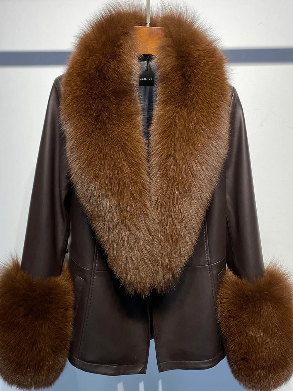 Fur Foxy Leather Short Coat in Brown