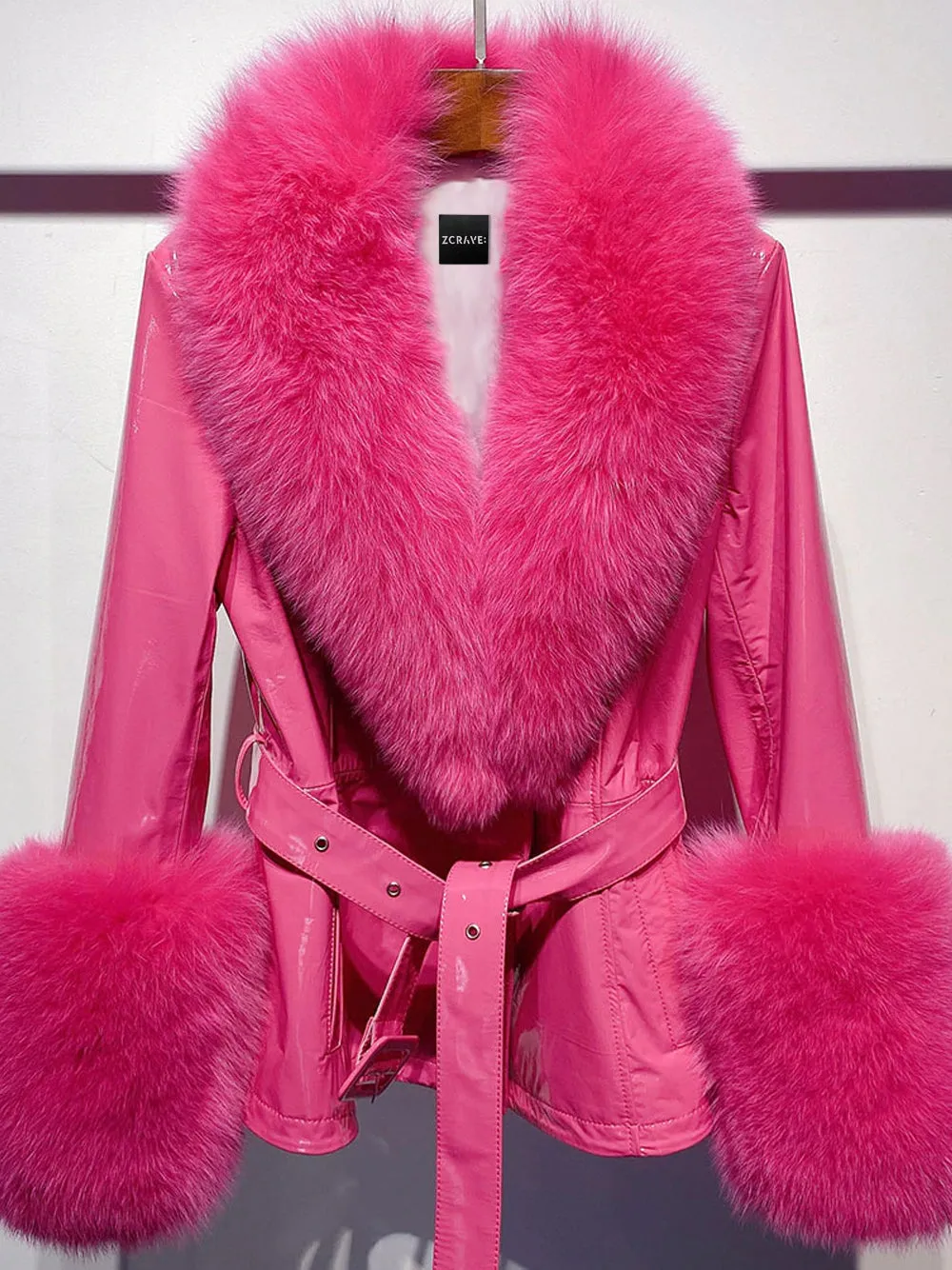 Fur Patent Leather Short Coat in Fuchsia