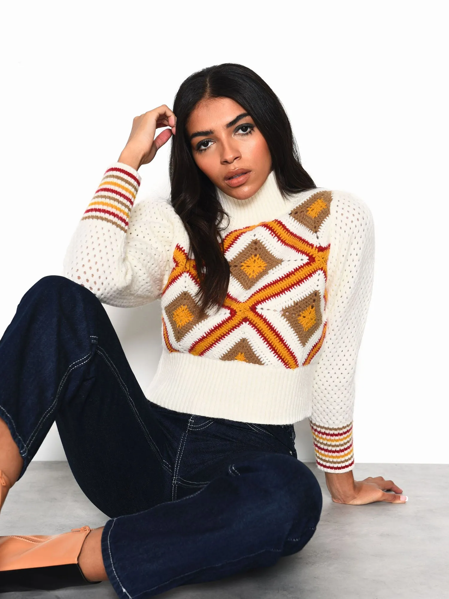 Glamorous Cream Multi Knit Long Sleeve Jumper