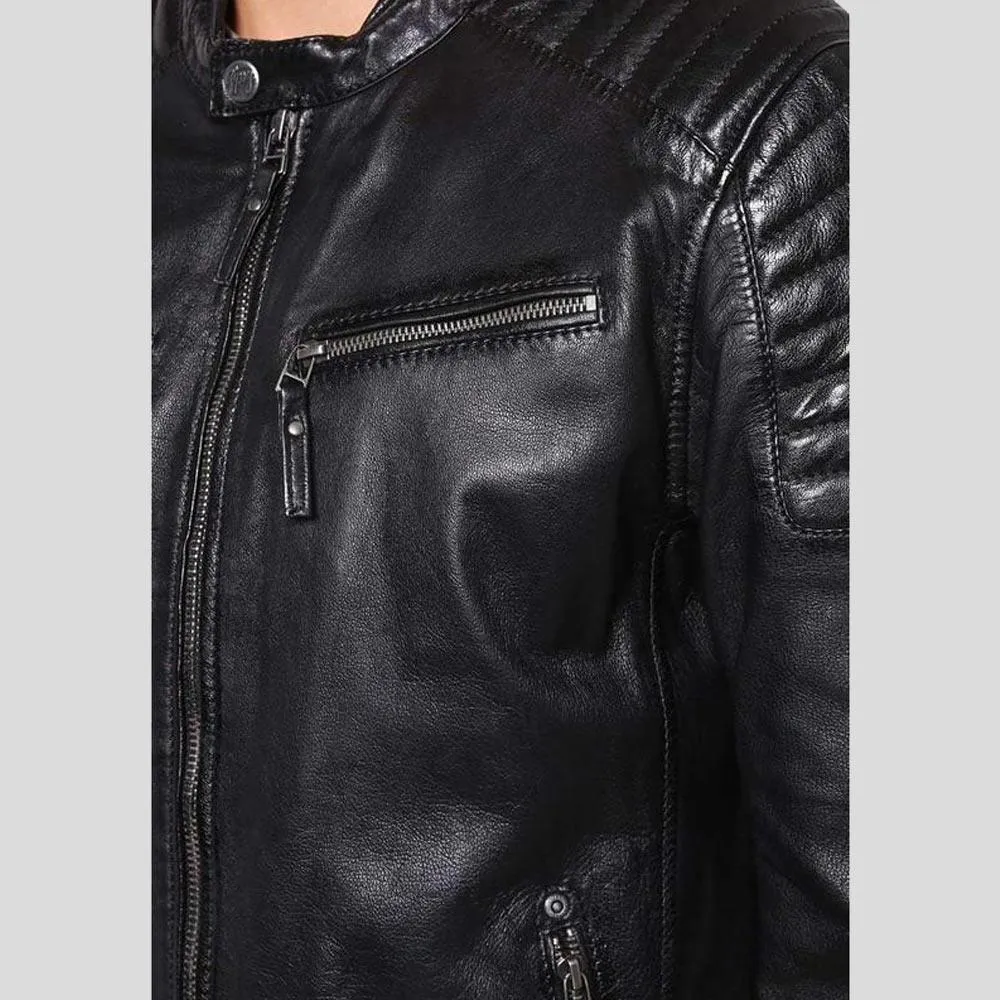 Greg Black Leather Racer Jacket