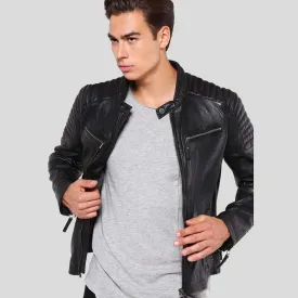 Greg Black Leather Racer Jacket