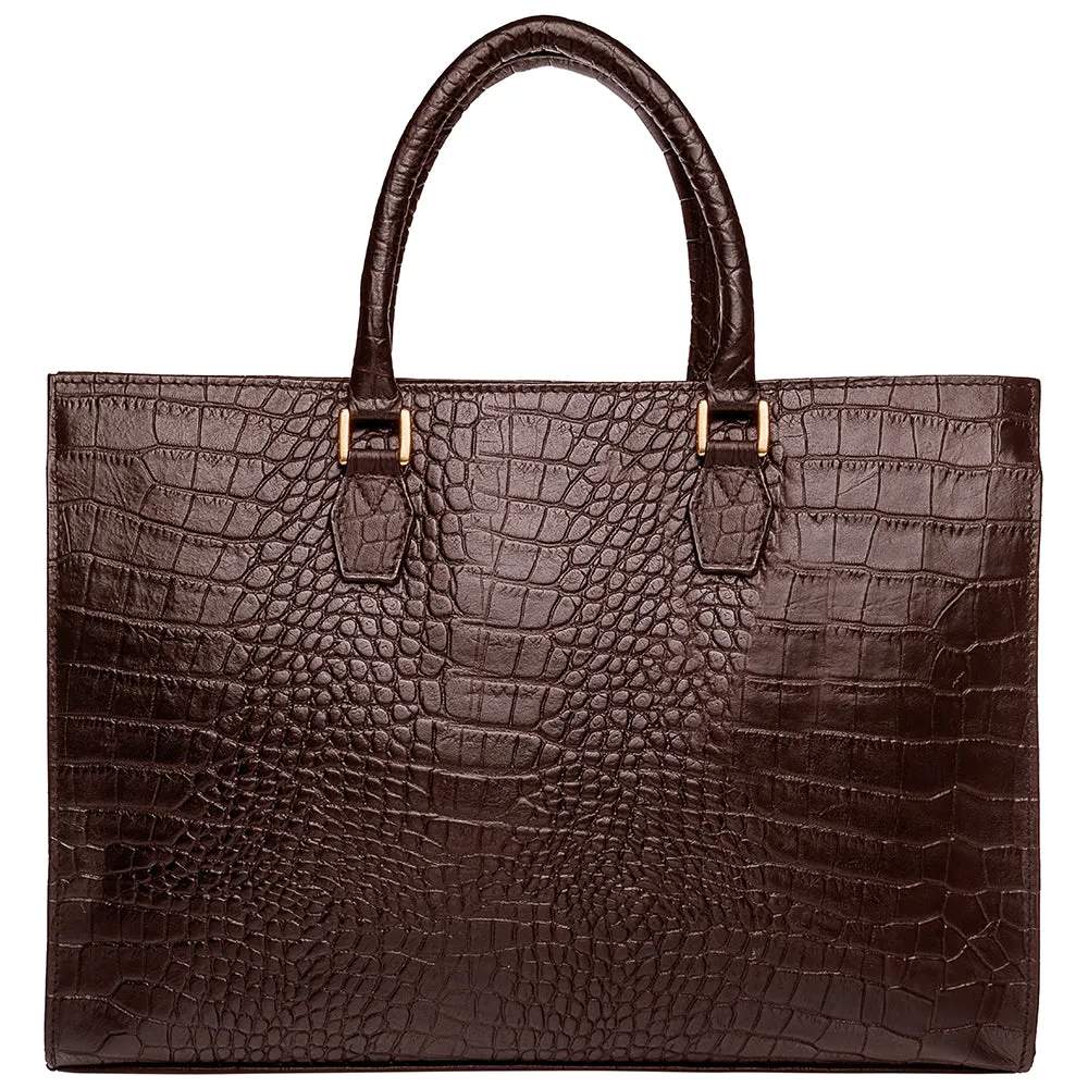 Hidesign Kester Leather Croc Embossed Briefcase Chocolate Brown