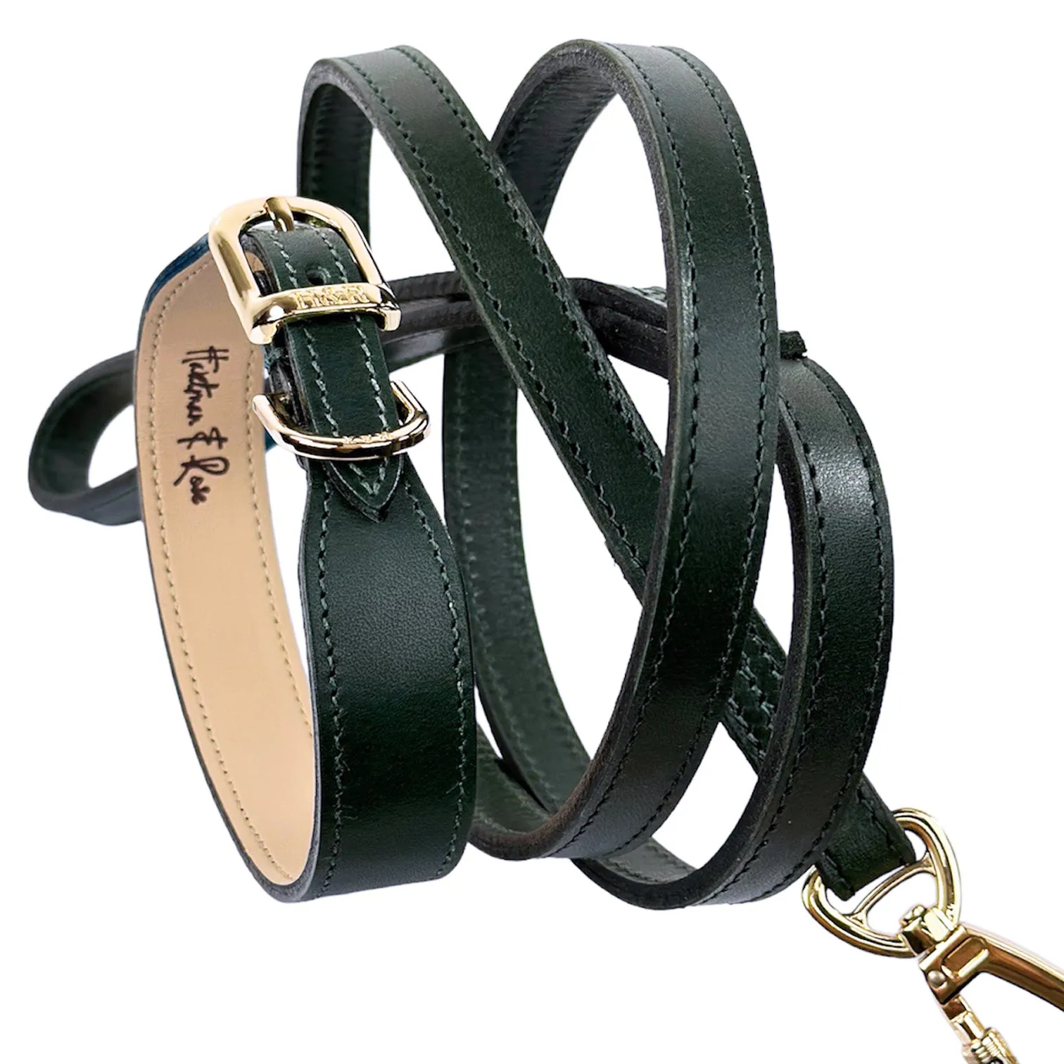 Italian Ivy Green Leather Dog Leash in Gold