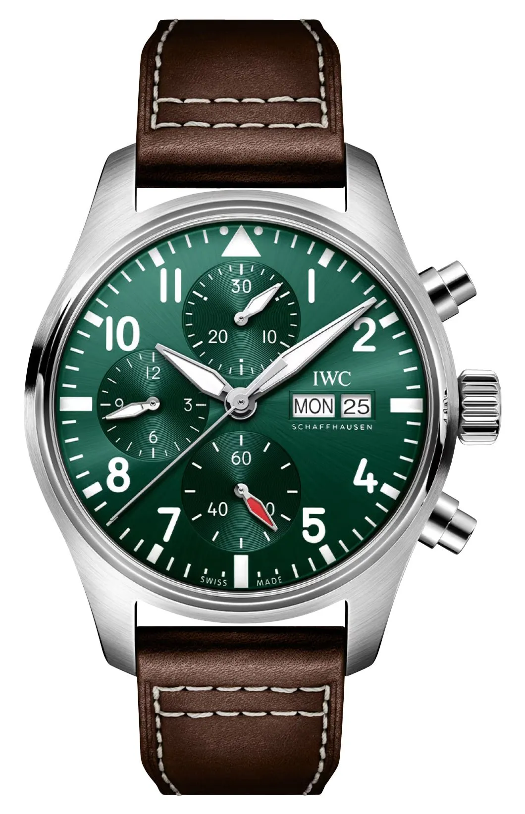 IWC Pilot's Automatic Chronograph Stainless Steel Green Dial Brown Leather Strap Day/Date Mens Watch IW388103