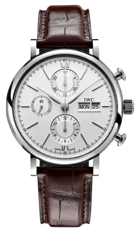 IWC Portofino Automatic Chronograph Stainless Steel Silver Dial Brown Leather Strap Day/Date Mens Watch IW391027