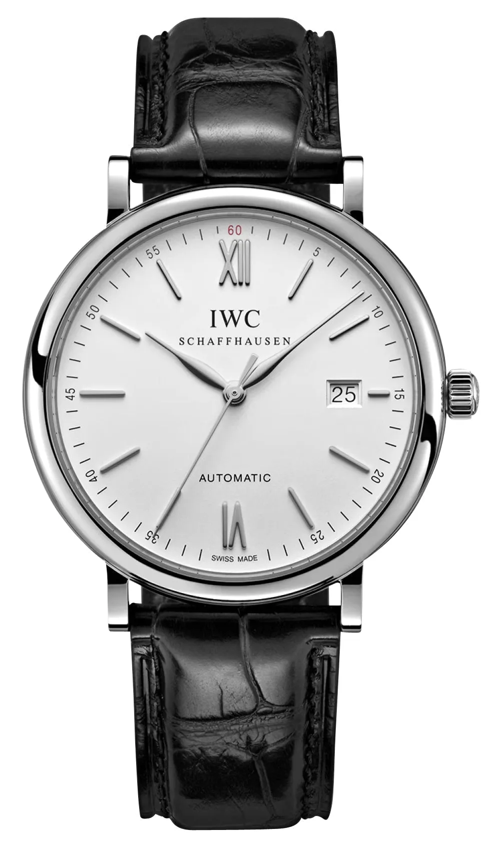 IWC Portofino Automatic Stainless Steel Silver Dial Black Leather Strap Date Mens Watch IW356501