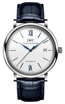 IWC Portofino Automatic Stainless Steel Silver Dial Blue Leather Strap Date Mens Watch IW356501