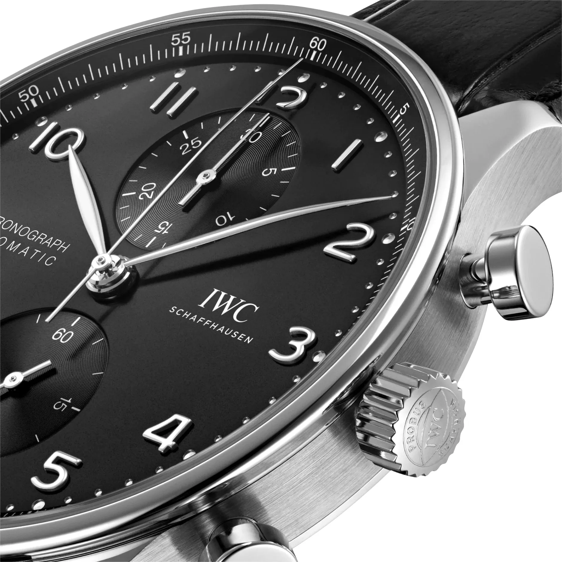 IWC Portugieser Automatic Chronograph Stainless Steel Black Dial Black Leather Strap Mens Watch IW371609