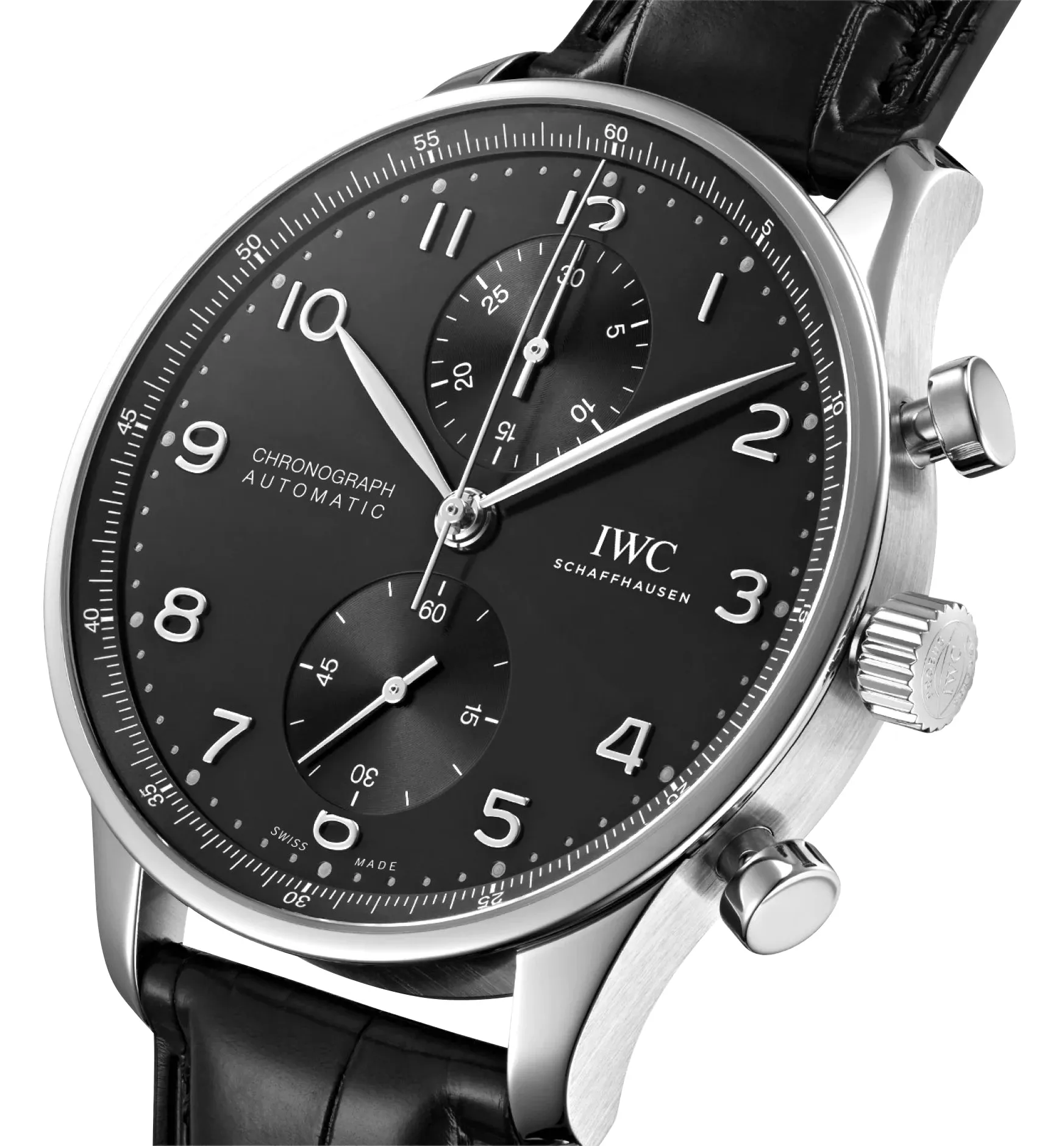 IWC Portugieser Automatic Chronograph Stainless Steel Black Dial Black Leather Strap Mens Watch IW371609