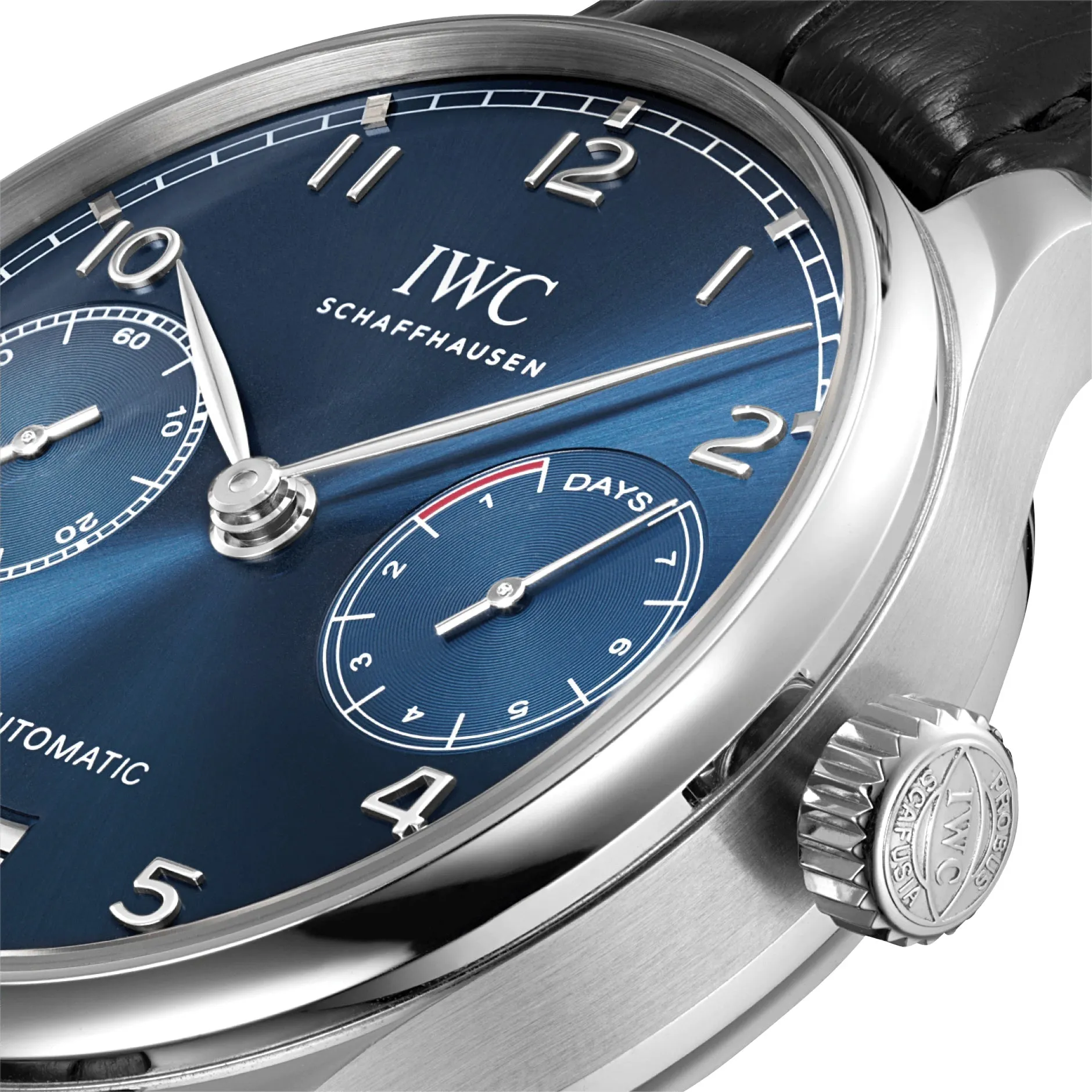 IWC Portugieser Automatic Stainless Steel Blue Dial Black Leather Strap Date Mens Watch IW500710