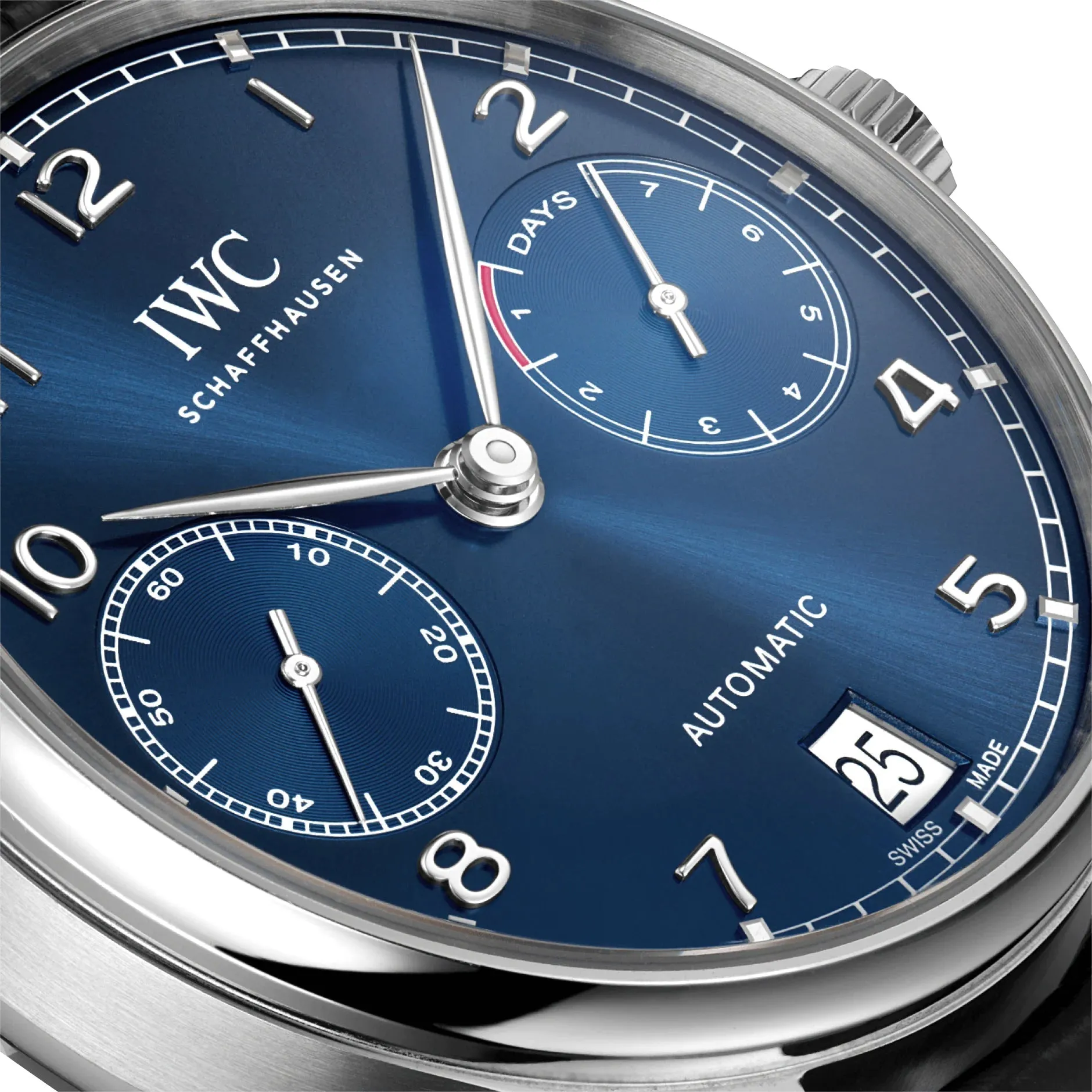 IWC Portugieser Automatic Stainless Steel Blue Dial Black Leather Strap Date Mens Watch IW500710