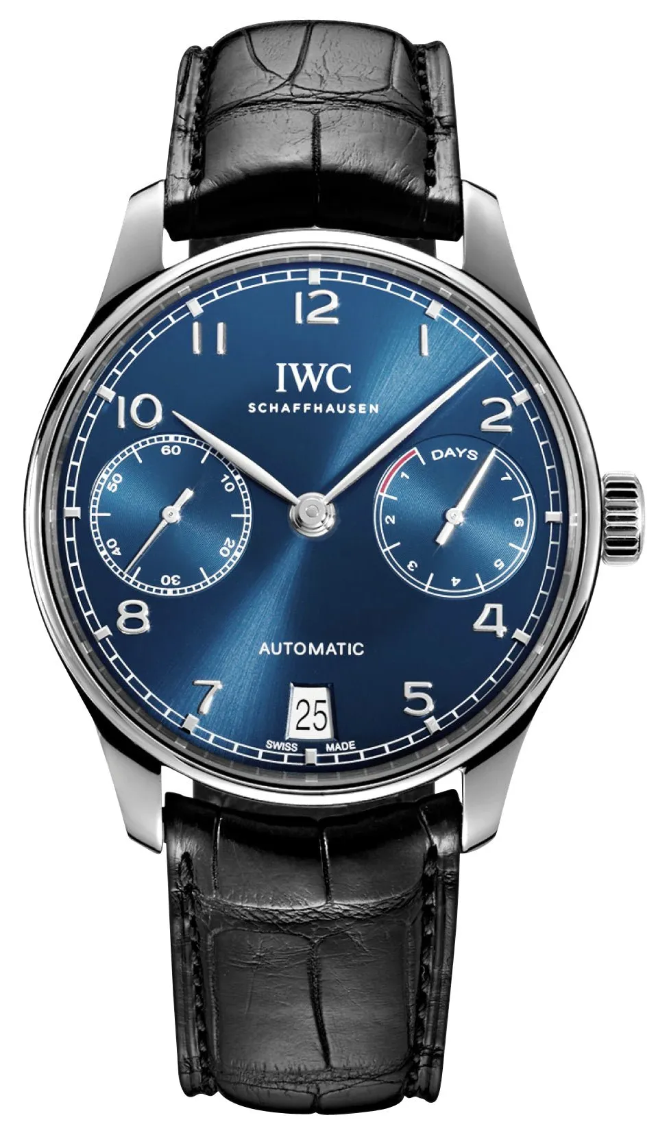 IWC Portugieser Automatic Stainless Steel Blue Dial Black Leather Strap Date Mens Watch IW500710