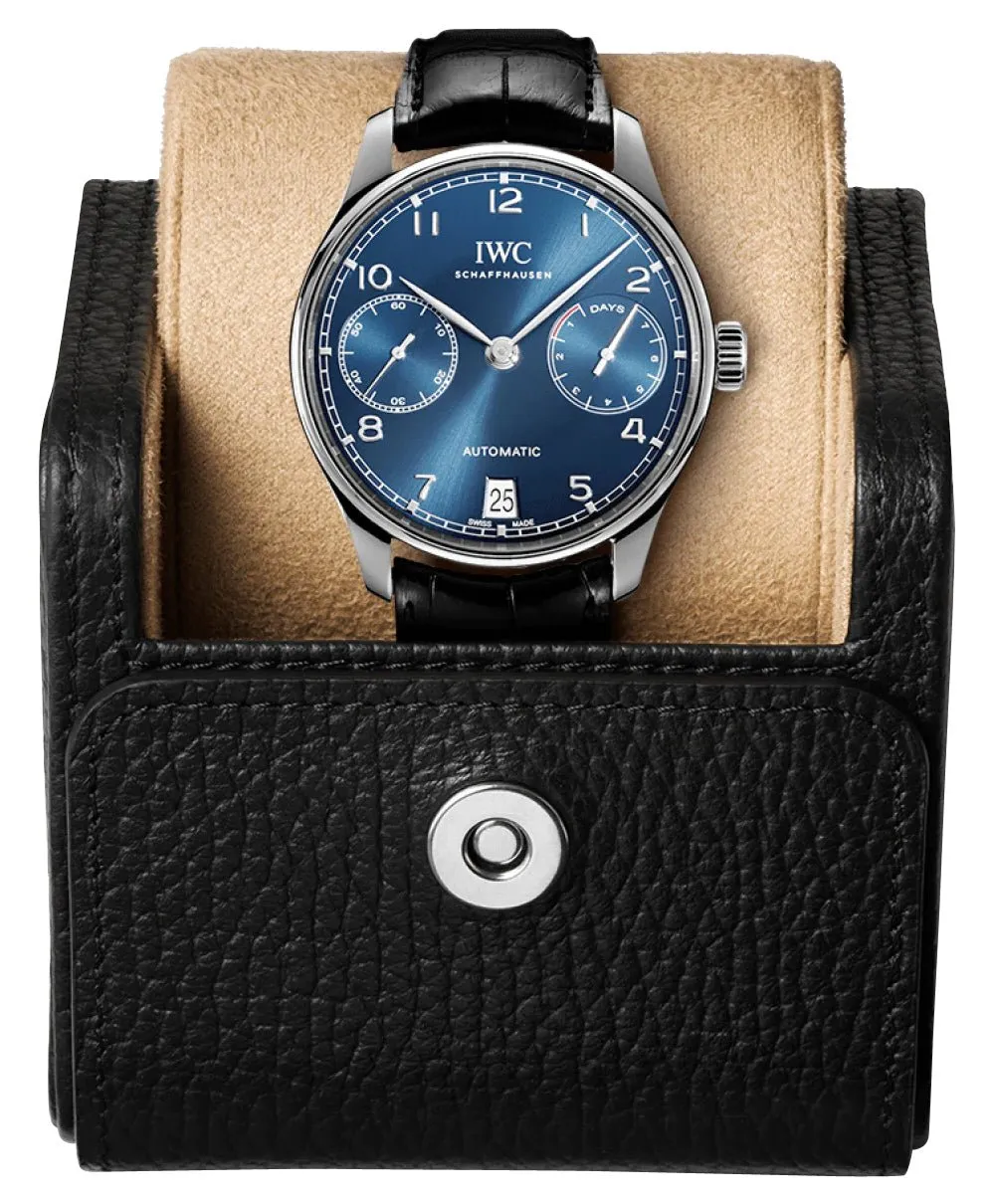 IWC Portugieser Automatic Stainless Steel Blue Dial Black Leather Strap Date Mens Watch IW500710