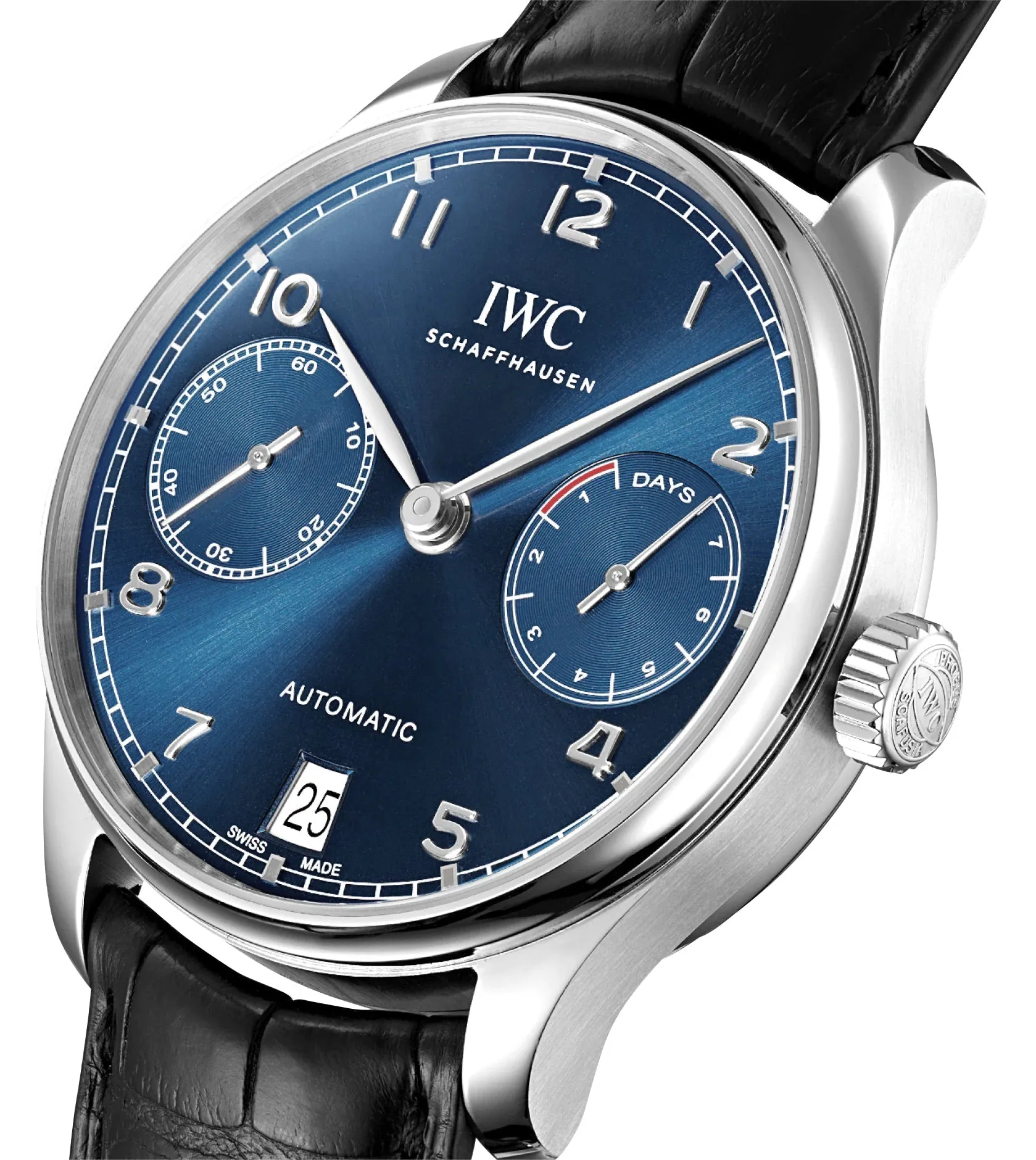 IWC Portugieser Automatic Stainless Steel Blue Dial Black Leather Strap Date Mens Watch IW500710