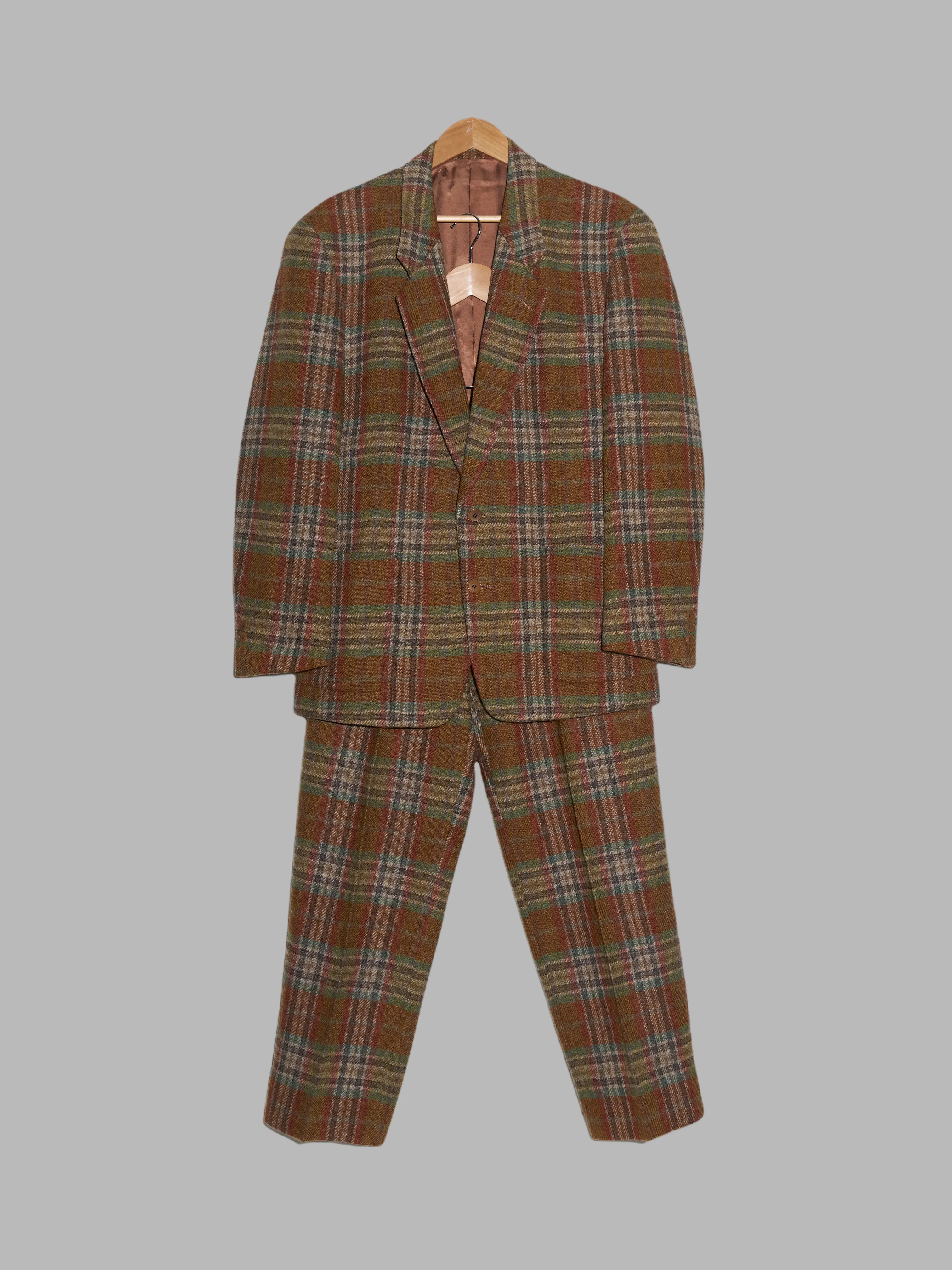 Kenzo Paris 1980s brown green plaid wool 2 button blazer trouser suit - 2 M S