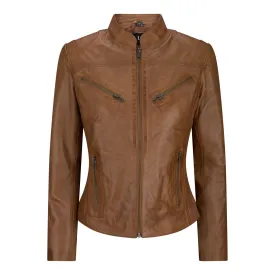 Ladies Real Leather Tan Biker Style Fashion Jacket Size UK 6-20