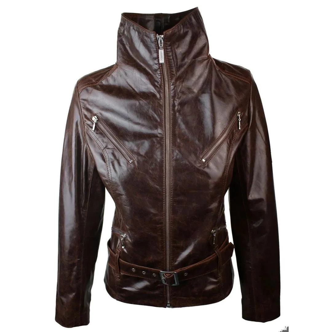 Ladies Women Real Leather  Biker Style Rock Belted Vintage Brown Jacket