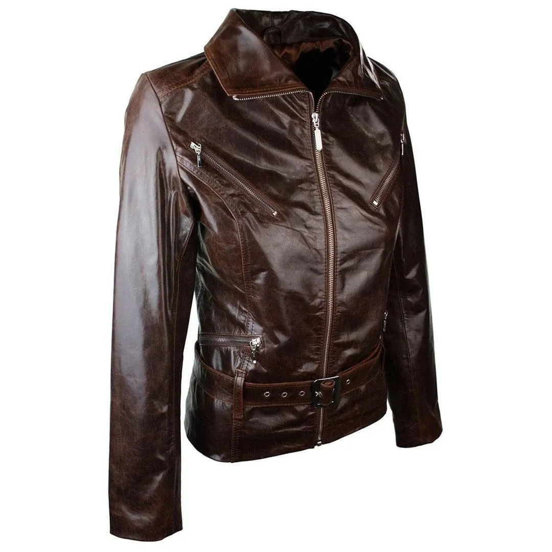 Ladies Women Real Leather  Biker Style Rock Belted Vintage Brown Jacket