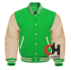 Light Green Wool and Genuine Cream Leather Sleeves Varsity Jacket