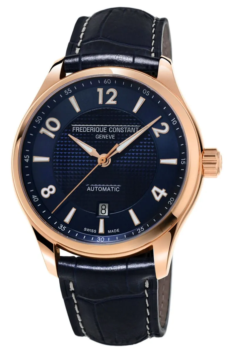 Limited Edition Frederique Constant Runabout Rose Gold Tone Steel Automatic Blue Dial Blue Leather Strap Mens Watch FC-303RMN5B4