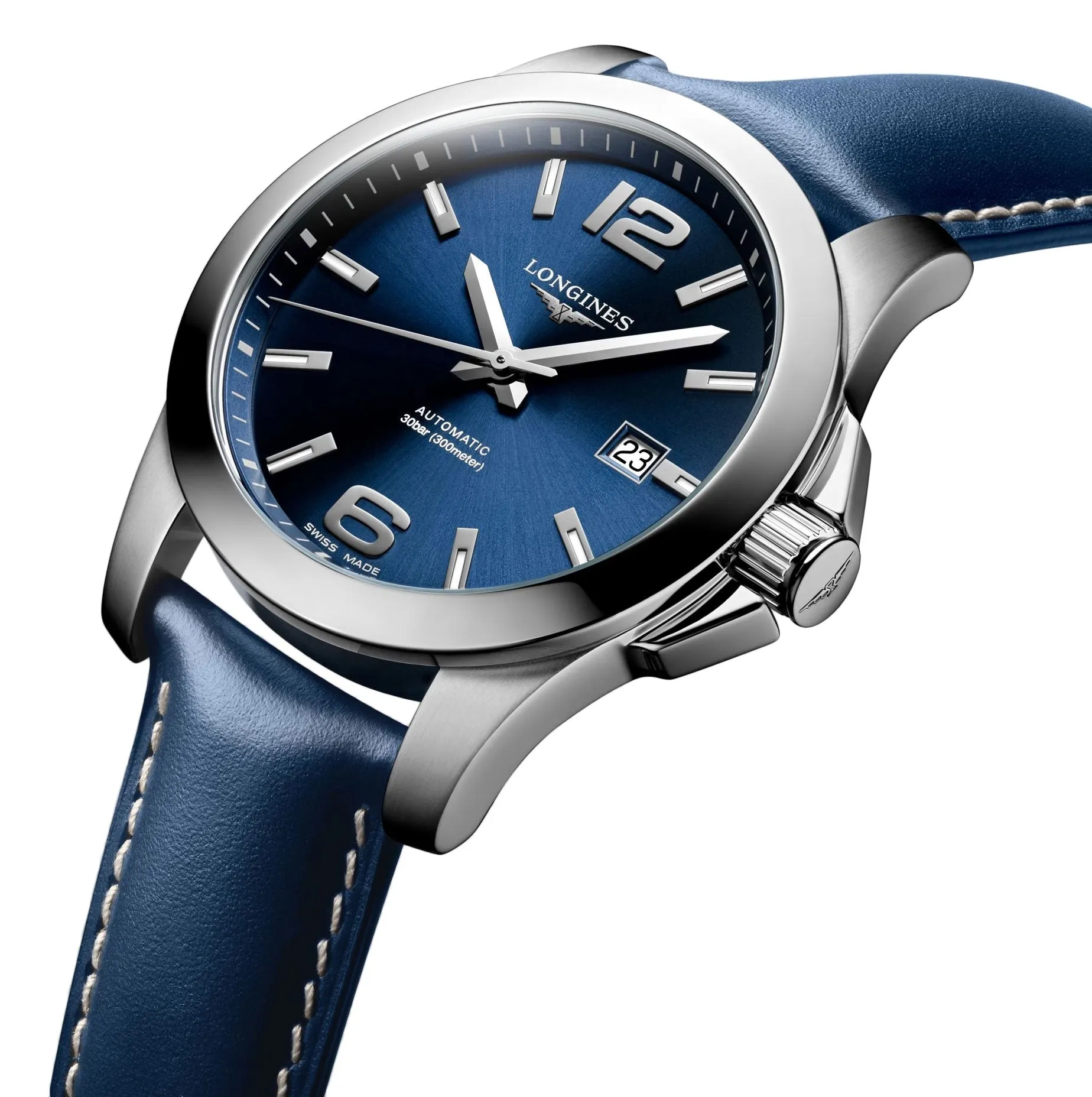 Longines Conquest Automatic Stainless Steel Blue Dial Blue Leather Strap Date Divers Mens Watch L3.777.4.99.0