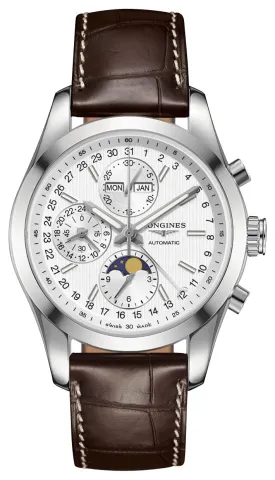 Longines Conquest Classic Automatic Chronograph Moonphase Month/Day/Date Silver Dial Brown Leather Strap Mens Watch L2.798.4.72.3