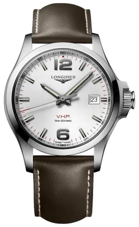 Longines Conquest V.H.P. Stainless Steel Silver Dial Brown Leather Strap Date Quartz Mens Watch L3.726.4.76.4