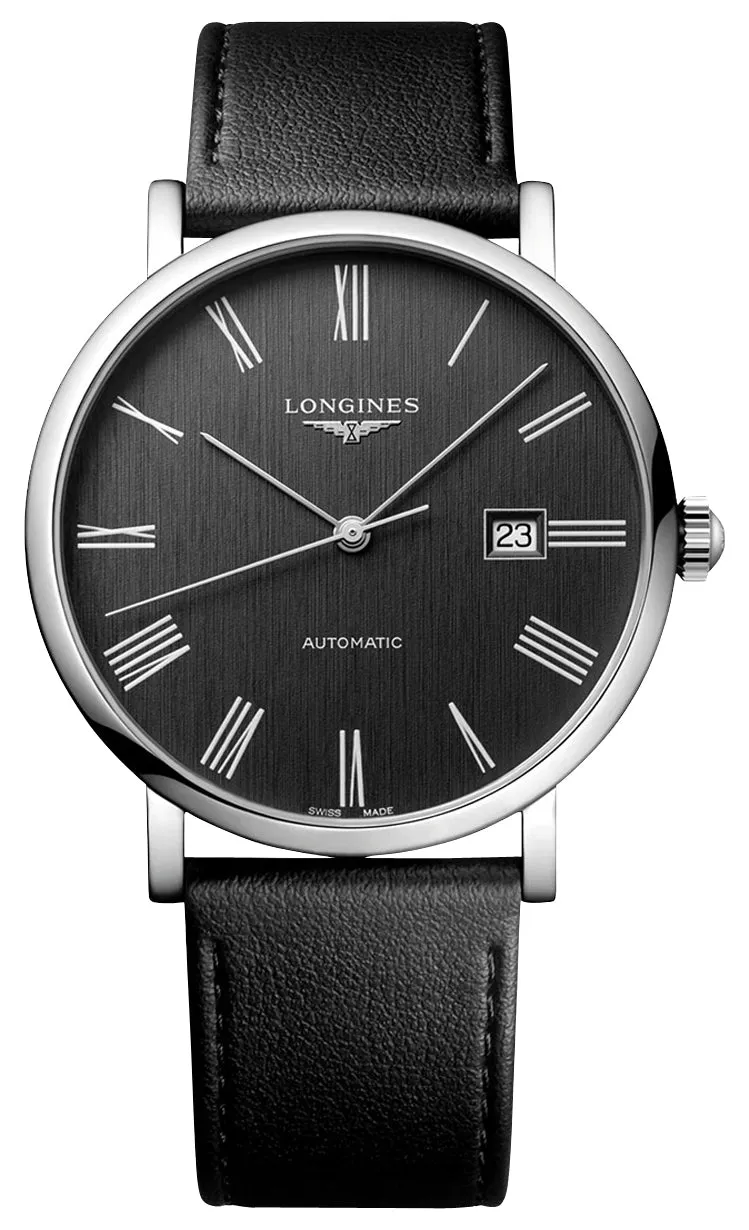 Longines Elegant Automatic Stainless Steel Dark Gray Dial Black Leather Strap Date Mens Watch L4.911.4.71.2